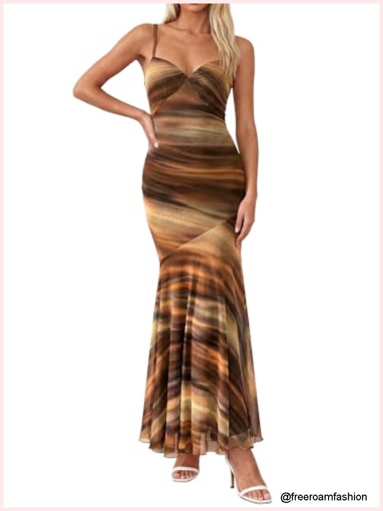 Spaghetti Strap Maxi Dress Twist Knot Mesh Mermaid Wedding Guest